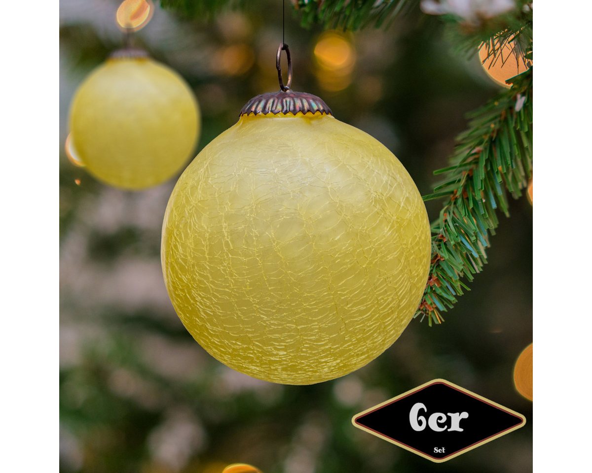 Antikas Weihnachtsfigur Christbaumkugelset, Rund, 6er Set, Glas, Gelb, krakeliert von Antikas