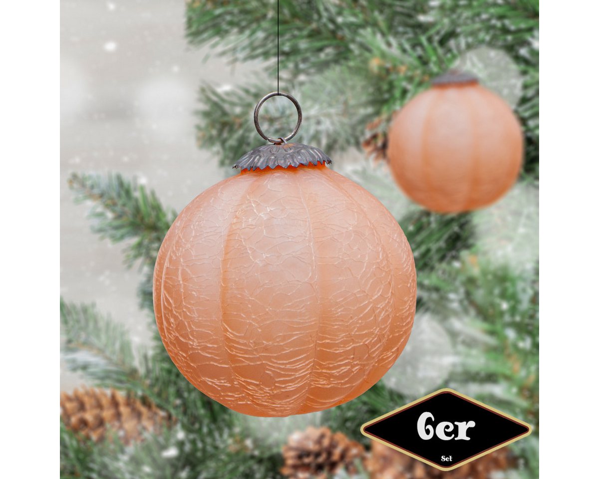 Antikas Weihnachtsfigur Christbaumkugelset, Rund, 6er Set, Glas, Orange, krakeliert von Antikas