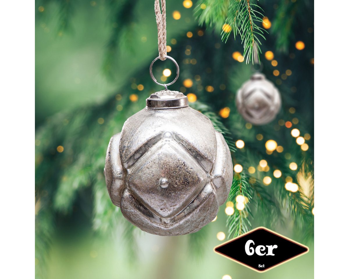 Antikas Weihnachtsfigur Christbaumkugelset, Rund, 6er Set, Glas, Silber, Struktur Antikas Weihnachtsfigur Christbaumkugelset, Rund, 6er Set, Glas, Silber, Struktur von Antikas