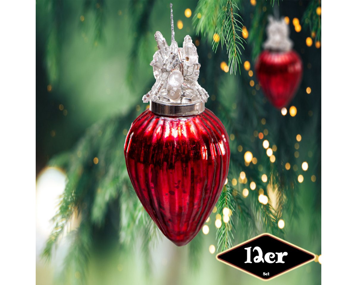 Antikas Weihnachtsfigur Christbaumkugelset in Zapfen-Form, 12er Set, Glas, Rot, Struktur von Antikas