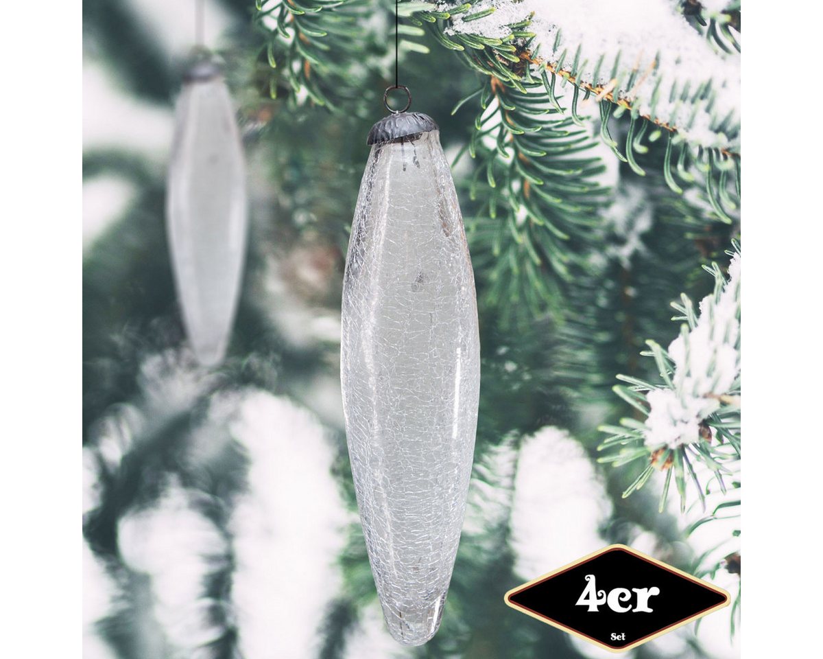 Antikas Weihnachtsfigur Christbaumkugelset in Zapfen-Form, 4er Set, Glas, weiß, krakeliert von Antikas