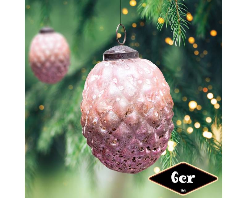 Antikas Weihnachtsfigur Christbaumkugelset in Zapfen-Form, 6er Set, Glas, Pink, Struktur von Antikas