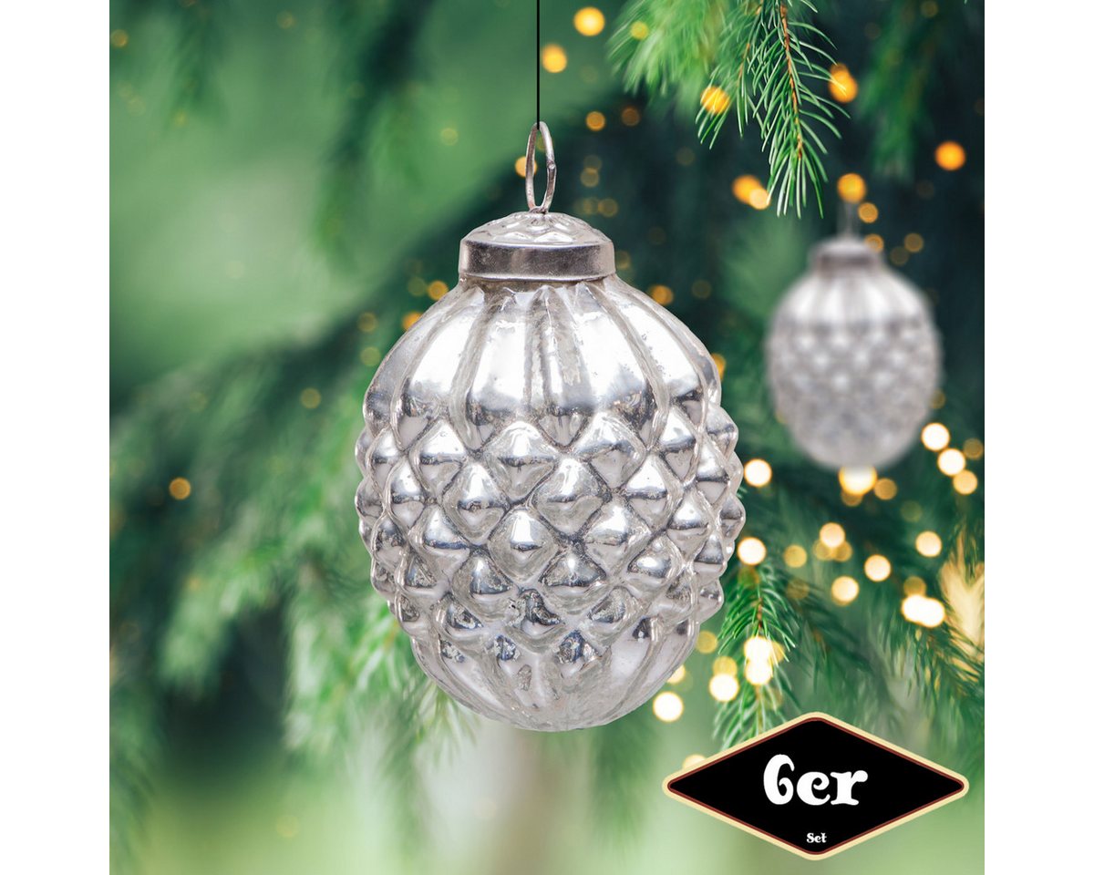 Antikas Weihnachtsfigur Christbaumkugelset in Zapfen-Form, 6er Set, Glas, Silber, Struktur von Antikas