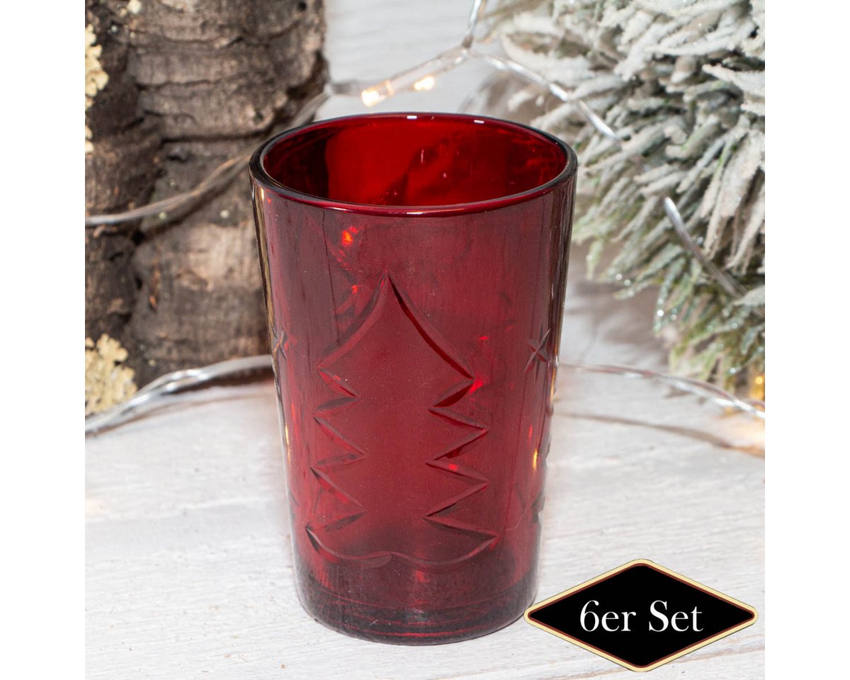 Antikas Weihnachtsfigur Teelichthalterset, Baum, 6er Set, Glas, Rot, H9,5xB6,5 cm von Antikas
