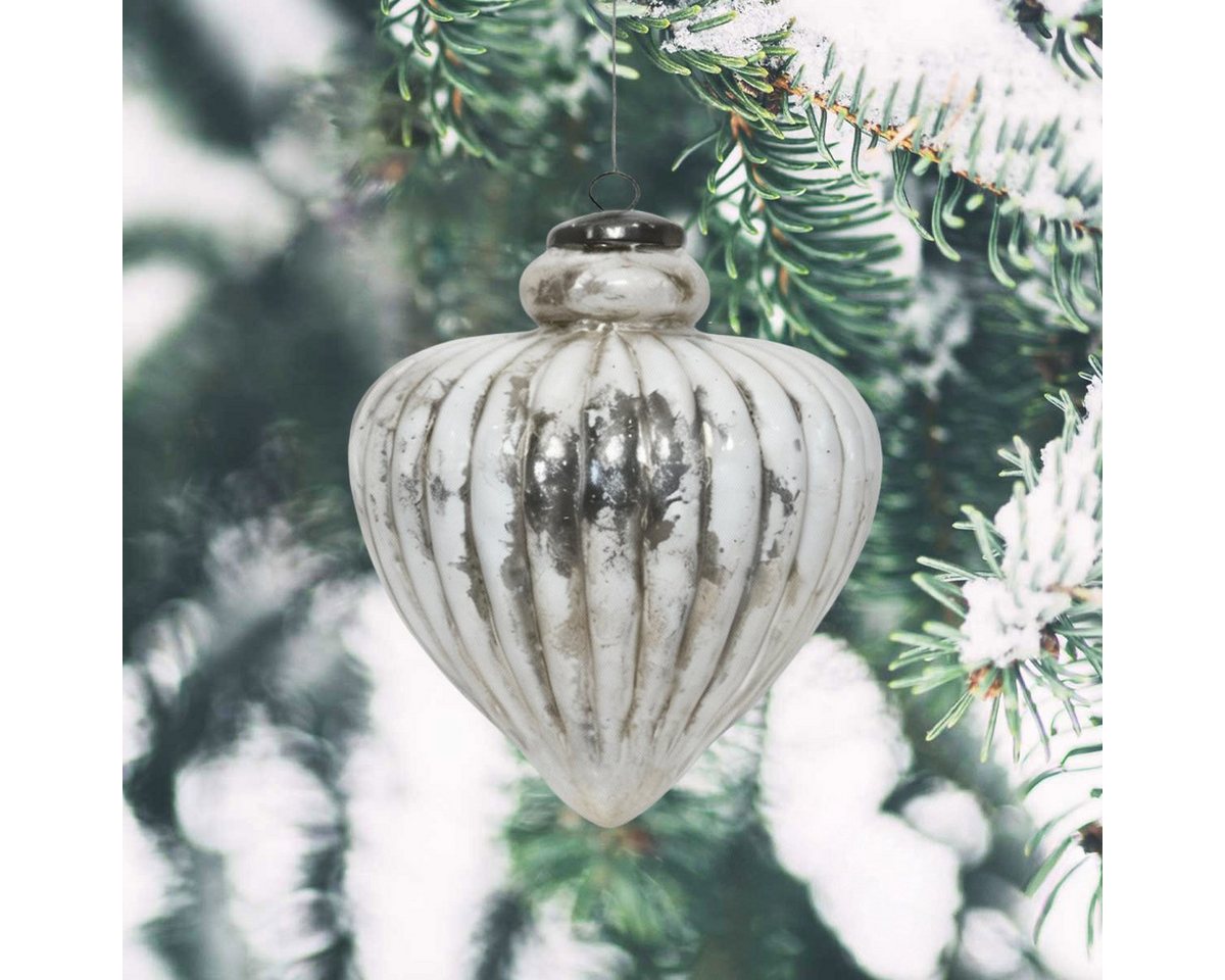 Antikas Weihnachtsfigur Weihnachtskugel Herz, Glas weiß patiniert - handgemacht in Indien von Antikas