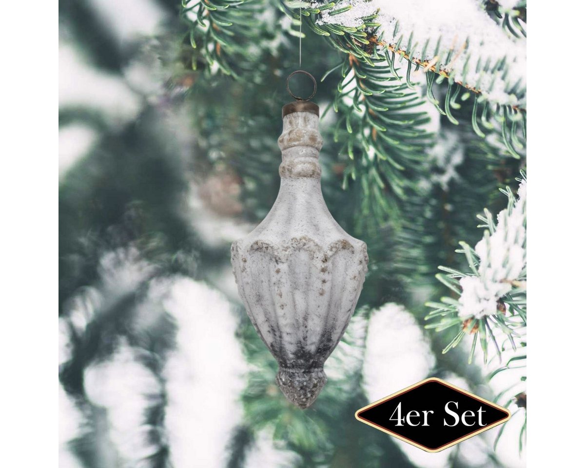 Antikas Weihnachtsfigur Weihnachtskugel Tropfen Glas, weiß patiniert – handgemacht in Indien von Antikas