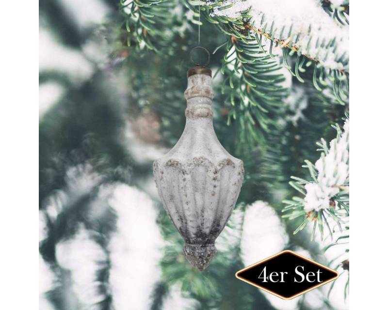 Antikas Weihnachtsfigur Weihnachtskugel Tropfen Glas, weiß patiniert – handgemacht in Indien von Antikas