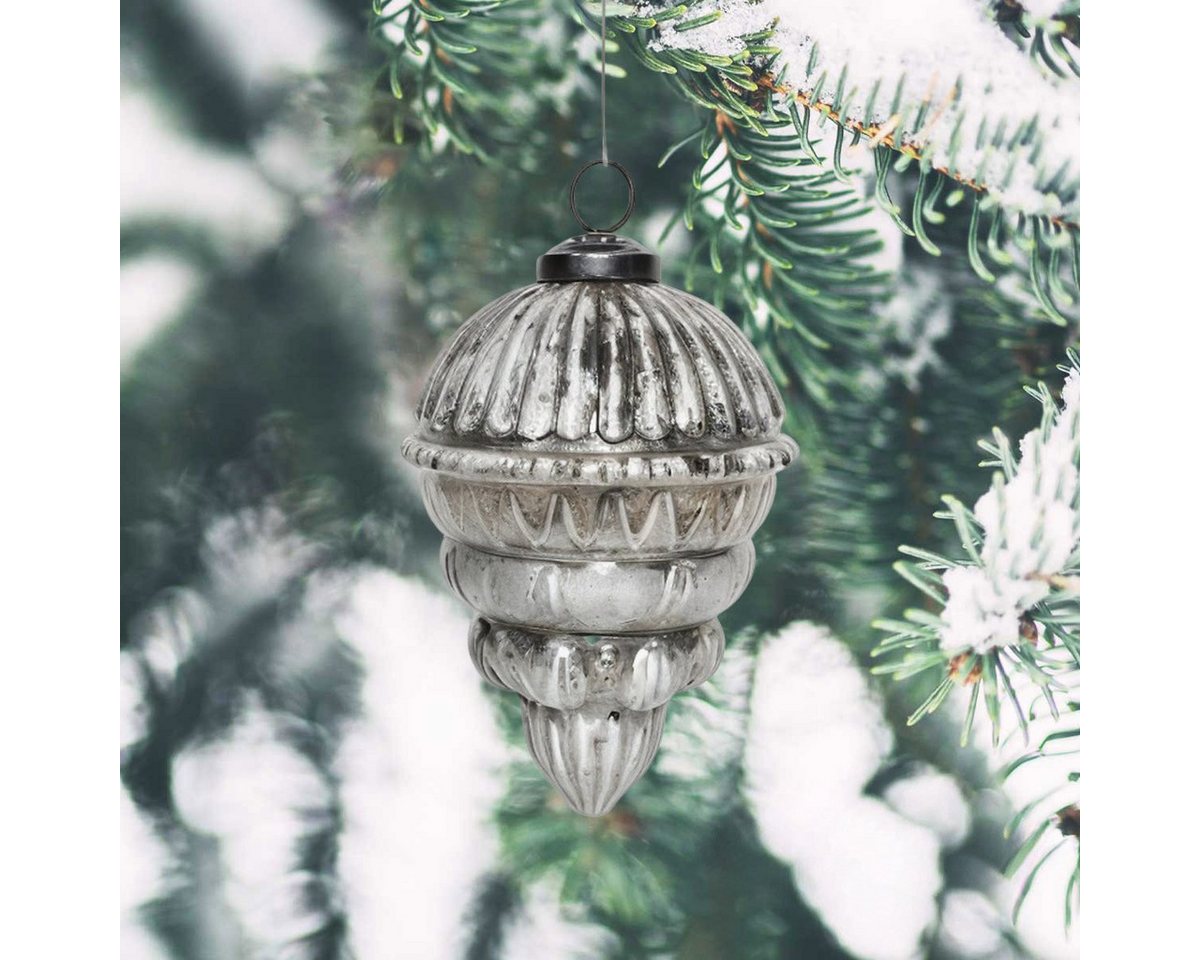 Antikas Weihnachtsfigur Weihnachtskugel Zapfen Glas, weiß patiniert – handgemacht in Indien von Antikas