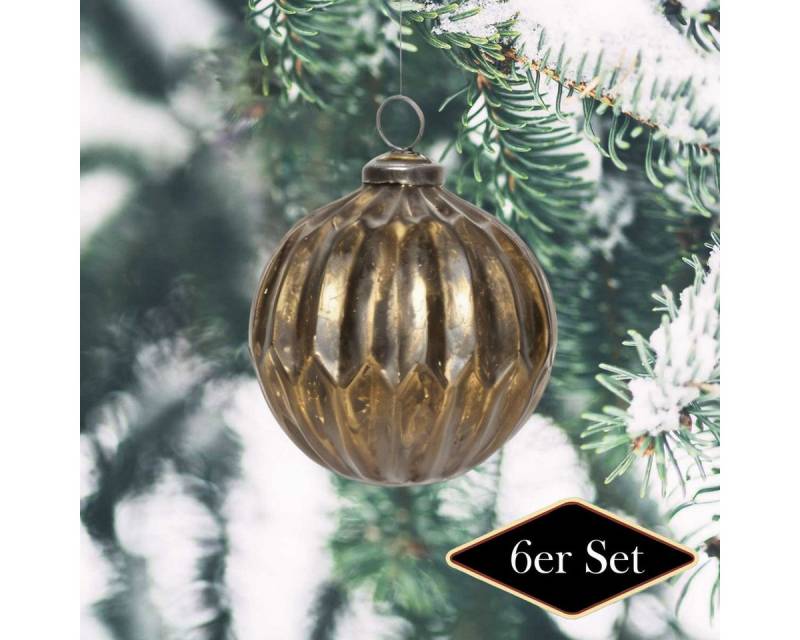 Antikas Weihnachtsfigur Weihnachtskugel aus Glas, gerillt, antik-messing patiniert, 6er Set von Antikas
