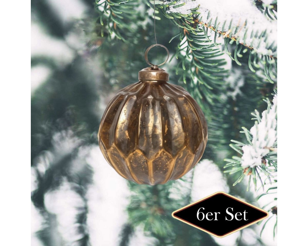 Antikas Weihnachtsfigur Weihnachtskugel aus Glas, gerippt, antik-messing patiniert, 6er Set von Antikas