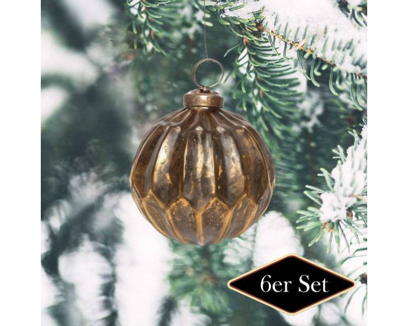 Antikas Weihnachtsfigur Weihnachtskugel aus Glas, gerippt, antik-messing patiniert, 6er Set von Antikas