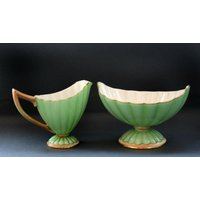 Antike Royal Worcester Zuckerdose Und Milchkännchen Ca 1892 Kanneliert Frühling Grün Mit Gold Sehr Guter Zustand von Antike