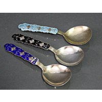Modern Skandinavien Sterling Silber Teelöffel Guilloche Emailliert J Tostrup von Antike