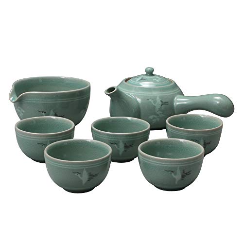 Koreanischer Stil Celadon Porzellan Krane Vogel Wolke Tee Zeremonie Komplettservice Geschenk Set Keramik 350 ml Seitengriff Teekanne Krug von Antique Alive