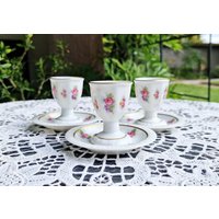 1920Er Jahre Rosenthal Set 3 Porzellan Eierbecher Mit Untertassen - Rosa Rosen Vintage Eierhalter Floral Bavarian China Top von AntiqueBoutiqueIdeas