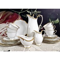 Vintage Tirschenreuth Teekanne Set Für 6 Deutsches Weiß & Gold Porzellan Tee Service von AntiqueBoutiqueIdeas