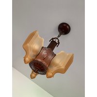 Antiker Hängeschirm Deckenhalter, 1910Er Jahre Gusseisen 3 Licht, Neu Verkabelt, Original Bronze Dekor, Patina von AntiqueLightFixtures