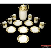 Porzellan Japan Floral Gold Vergoldet Emaille Schokoladentopf Set Mit 6 Tassen Untertassen von AntiqueShack