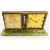 Vtg Bankeruhr Mit Grünem Marmorsockel Dual Zeitzone 8 Tage Messing Mariner Thermometer Szene von AntiqueShack