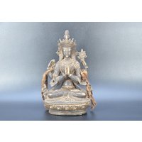 Chenrezig Buddha Statue 8 "Alt Tibet Tempel 4 Arme Skulptur Antik Alt Tibetisch Avalokeshevera Meditation Dharma von AntiquesFromAsia