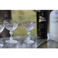 4 Vintage Crystal Bubble Stem Cocktailgläser, Tiffin Franziskaner, Nick & Nora, 1950, Crystal Champagne Glasses ~ Coupes Wedding Toasting von Antiquevintagefind