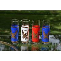 4 Vintage Rot Weiß & Blau Collins Gläser, Hohe Cocktailgläser, Gold Eagles Collins Gläser von Antiquevintagefind