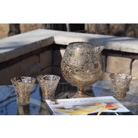 Vintage Gold & Weiß Cocktailkrug Mit Passenden Schnapsgläsern, West Virginia Gläser, 1960Er Jahre, Barwagen Barware, Cocktailparty von Antiquevintagefind