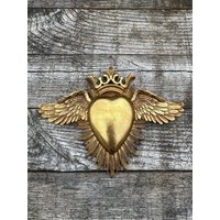 Goldenes Herz Gekrönter Engel Deko Wand Ex Voto 17x24 cm von Antiquitesdelaferme