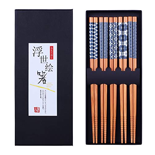 Antner Essstäbchen aus natürlichem Bambus, wiederverwendbar, klassischer japanischer Stil, mit Geschenk-Box, 22,5 cm, 5 Paar von Antner