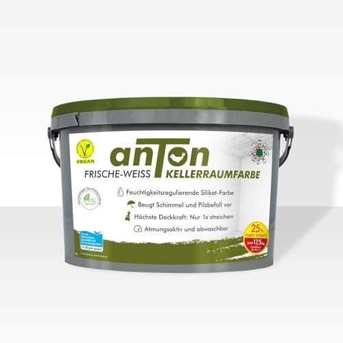 Anton | Kellerraumfarbe | Weiß | für Allergiker | Vorbeugend und sofort gegen Schimmel | deckt beim ersten Anstrich | geruchsfrei&Atmungsaktiv | 80-100m² | 17,5 Kg 25% MEHR INHALT Anton | Kellerraumfarbe | Weiß | für Allergiker | Vorbeugend und sofort gegen Schimmel | deckt beim ersten Anstrich | geruchsfrei&Atmungsaktiv | 80-100m² | 17,5 Kg 25% MEHR INHALT von Anton Weiss
