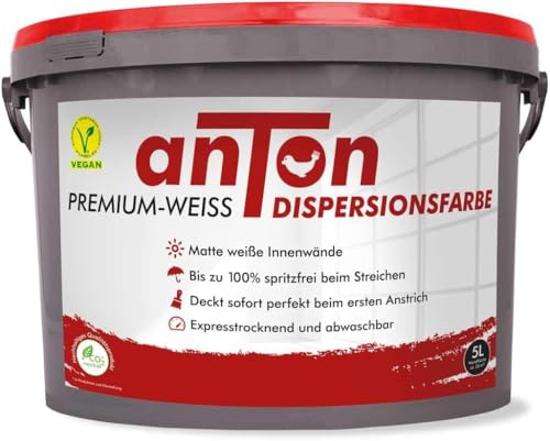 Anton | PremiumWeiss | Profi Wandfarbe | extra stark in Deckkraft und Waschbeständigkeit | strahlendes Matt-Weiß | wasserbasiert | spritz-&streifenfrei | 50m² | 5L | + PROFI ROLLER GRATIS von Anton Weiss