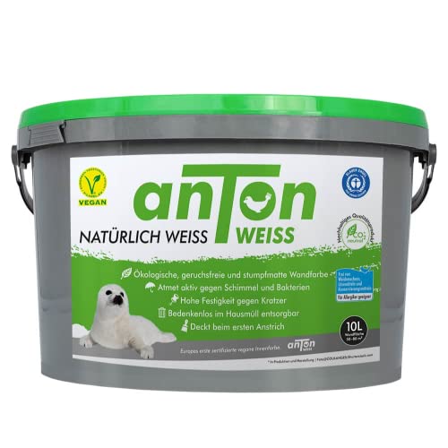 Anton Weiss® | Natürlich-Weiss(e) Wandfarbe | Deckt sofort | Steigerung der Raumluftqualität | Neutralisiert Gerüche und Schadstoffe innen | Vegan für Allergiker geeignet | 10L für 80m2 von Anton Weiss