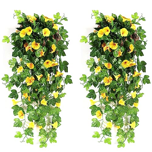 2 Stück Künstliche Hängende Blumen Deko, Hängenden Künstlich Veilchen, Künstliche Hängepflanzen für Hauswand Drinnen und Draußen Garten Hochzeit Balkon Korbdekoration Gelbe Rose von Anttyscar