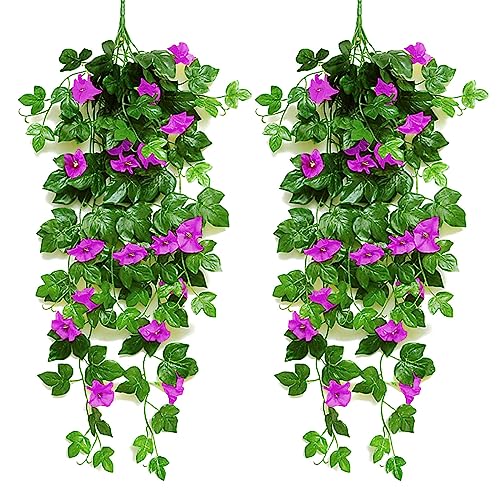 2 Stück Künstliche Hängende Blumen Deko, Hängenden Künstlich Veilchen, Künstliche Hängepflanzen für Hauswand Drinnen und Draußen Garten Hochzeit Balkon Korbdekoration Purpurrot von Anttyscar