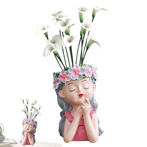 -Übertopf, Blumentopf, Fee, Kunstharz, denkendes Mädchen, Blumentopf, Gesicht, Statue, Kopf, Pflanzgefäß für Esstisch von Anulely