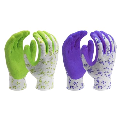 2 Paar Gartenhandschuhe, Wasserabweisend Atmungsaktiv Latex Beschichtete Frauen Gartenhandschuhe, Outdoor Schutzhandschuh Grip mit Blumenmuster(Grün, Lila) von Anwangda