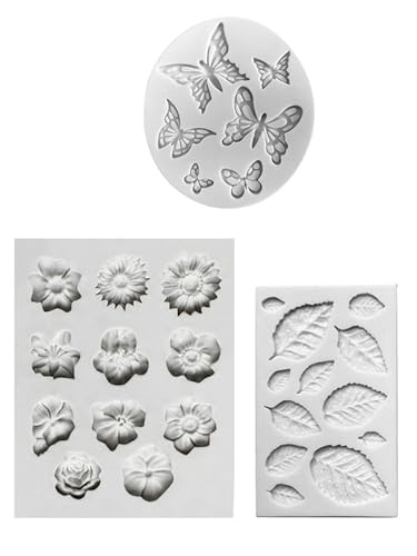 3 Stück Blumen Blätter Schmetterling Silikonform, Wiederverwendbare 3D Backform, DIY Dekorative Silikonformen für Kuchen Schokolade Gelee Fondant (weiß) von Anwangda