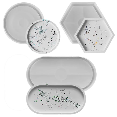 Anwangda 3 Stücke Silikonform Tablett Untersetzer, Rund Oval Hexagon Harz Untersetzer Form, DIY Haus Kunsthandwerk Dekoration für Teetablett Obsttablett Schmucktablett(Weiß) von Anwangda