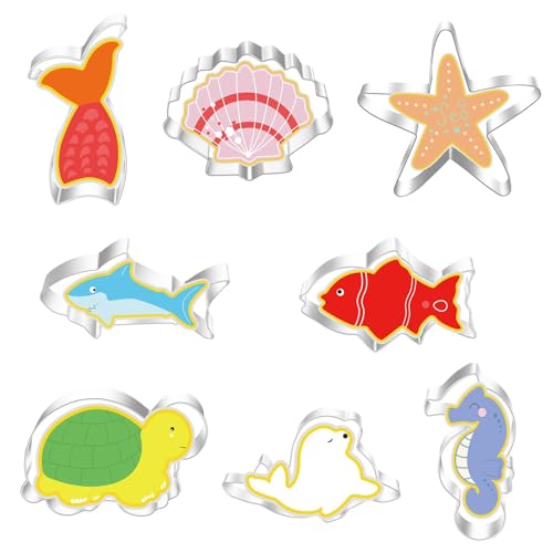Ausstechformen Set, 8 Stück Edelstahl Ozean Kreatur Keksausstecher von Seestern Seelöwe Seepferdchen Schildkröte Hai Zackenbarsch Fisch Schwanz und Panzer, Reusable Kitchen Baking Tools(Silber) von Anwangda