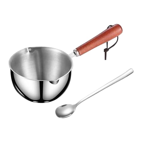 Edelstahl Stielkasserolle mit Holzgriff, 300ml Milchtopf mit Edelstahl Schaufel, Gleichmäßig Erhitzt Schmelztiegel, Edelstahl-Heißölpfanne, Mehrzweck-Flüssigheizkessel(Silber) von Anwangda