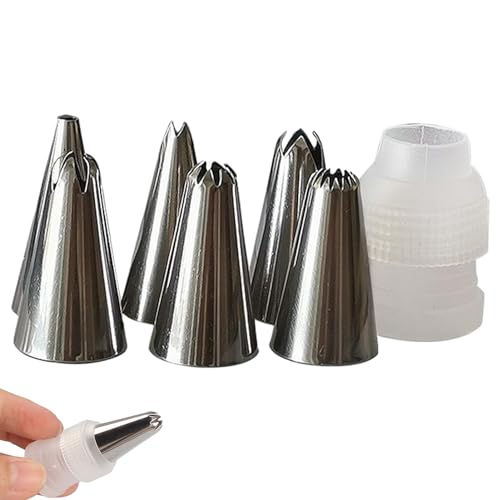 Spritztüllen Set mit Adapter, 6 Stück Edelstahl Spritztüllen, Kuchenbacken Zubehör für Sahnespritze Cupcake Plätzchen Dekoration(Silber) von Anwangda