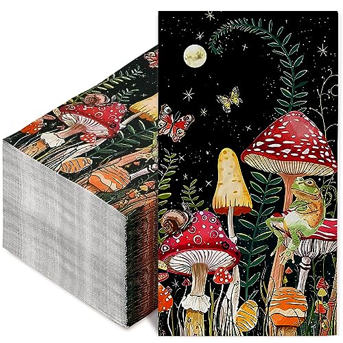 AnyDesign 100 Stück Pilz-Gästeservietten, Einweg-Servietten, Boho-Wald-Papierservietten, Pilz-Dickicht, Frosch, Schmetterling, Wald, Dessert, Abendessen, Handserviette für Küche, Badezimmer, 3-lagig von AnyDesign