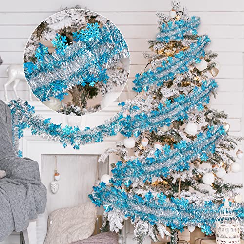 AnyDesign 32.8 Ft Weihnachts-Lametta-Girlande, blau/silberfarben, metallisch, gedrehte Girlande mit Schneeflocken, Weihnachtsfeier, dekorative Girlande für Weihnachtsbaum, Dekoration, DIY Handwerk von AnyDesign