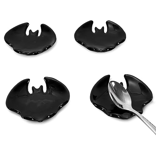 AnyDesign 4 Stück Halloween Fledermaus Kaffee Löffel Rest Schwarz Keramik Fledermaus Teelöffel Halter Gruselige Wohnkultur Zubehör für Halloween Lehrer Geschenk Küche Büro Kaffee Bar Kaffee von AnyDesign