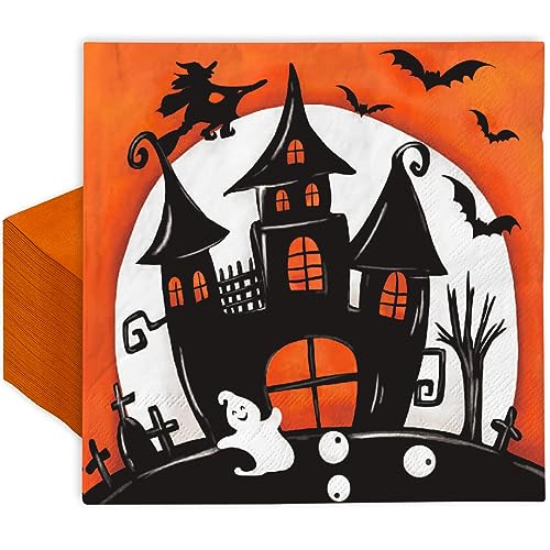 AnyDesign 80 Stück Halloween Papierservietten Einweg Orange Schwarz Schloss Servietten Halloween Geist Hexe Dekorative Dessert Dinner Handserviette für Halloween Party Supplies, 16,5 x 16,5 cm von AnyDesign