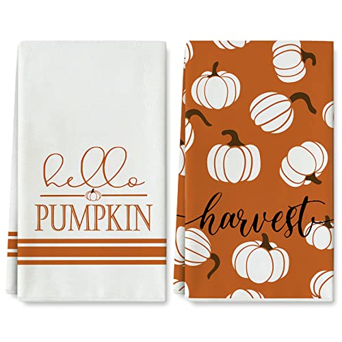 AnyDesign Fall Kitchen Dish Towel 18 x 28 Inch Hello Pumpkin Harvest Tea Towel Autumn Orange White Dishcloth Rustic Farmhouse Hand Drying Cloth Towel for Holiday Kitchen Cooking Backen, 2 Pack von AnyDesign