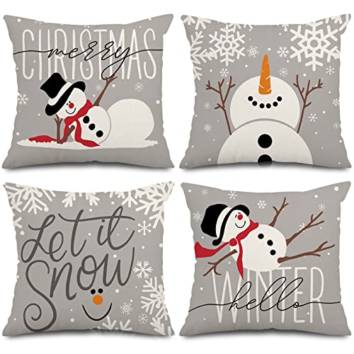 AnyDesign Grauer Weihnachts-Kissenbezug Schneemann-Wurfkissenbezug Let It Snow Merry Christmas Hello Winter Kissenbezug für Zuhause, Bauernhaus, Couch, Sofa, Auto, 45 x 45 cm, 4 Stück von AnyDesign