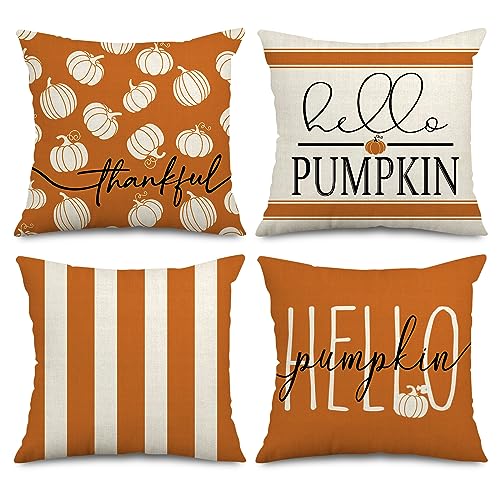 AnyDesign Hello Pumpkin Kissenbezüge Orange Weiß Herbst Kürbis Streifen Kissenbezug Dankbare Ernte Herbst Kissenbezug für Zuhause Büro Bauernhaus Sofa, 45,7 x 45,7 cm, 4 Stück von AnyDesign