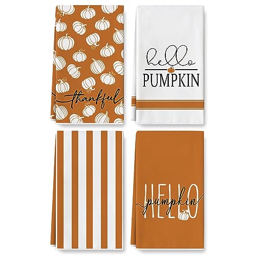 AnyDesign Hello Pumpkin Küchentuch Orange Weiß Herbst Geschirrtuch Herbst Ernte Dankbar Handtrocknen Geschirrtuch für Thanksgiving Urlaub Bauernhaus Kochen Backen Wischen Reinigung, 4 Stück von AnyDesign