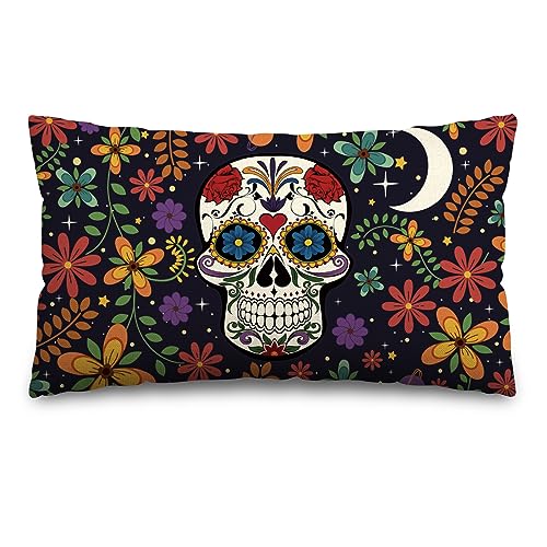 AnyDesign Tag der Toten Totenkopf-Kissenbezug, 30,5 x 50,8 cm, mexikanischer Stil, rechteckig, bunte Blumenschädel, dekorativer Kissenbezug für Halloween, drinnen und draußen, Zuhause, Bett, Sofa, von AnyDesign